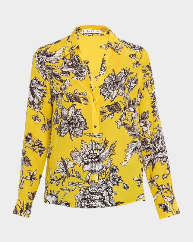 Eloise Blooming Wild Golden Button-Front Silk Blous